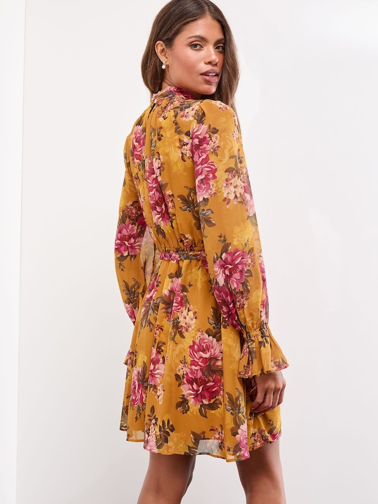 Yellow Floral Long Sleeve High Neck Belted Mini Dress - Image 4 of 4