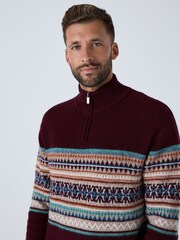 Rojo burdeos - Regular Fit Fairisle Pattern Chest Block Zip Neck Jumper - Imagen 1 de 8