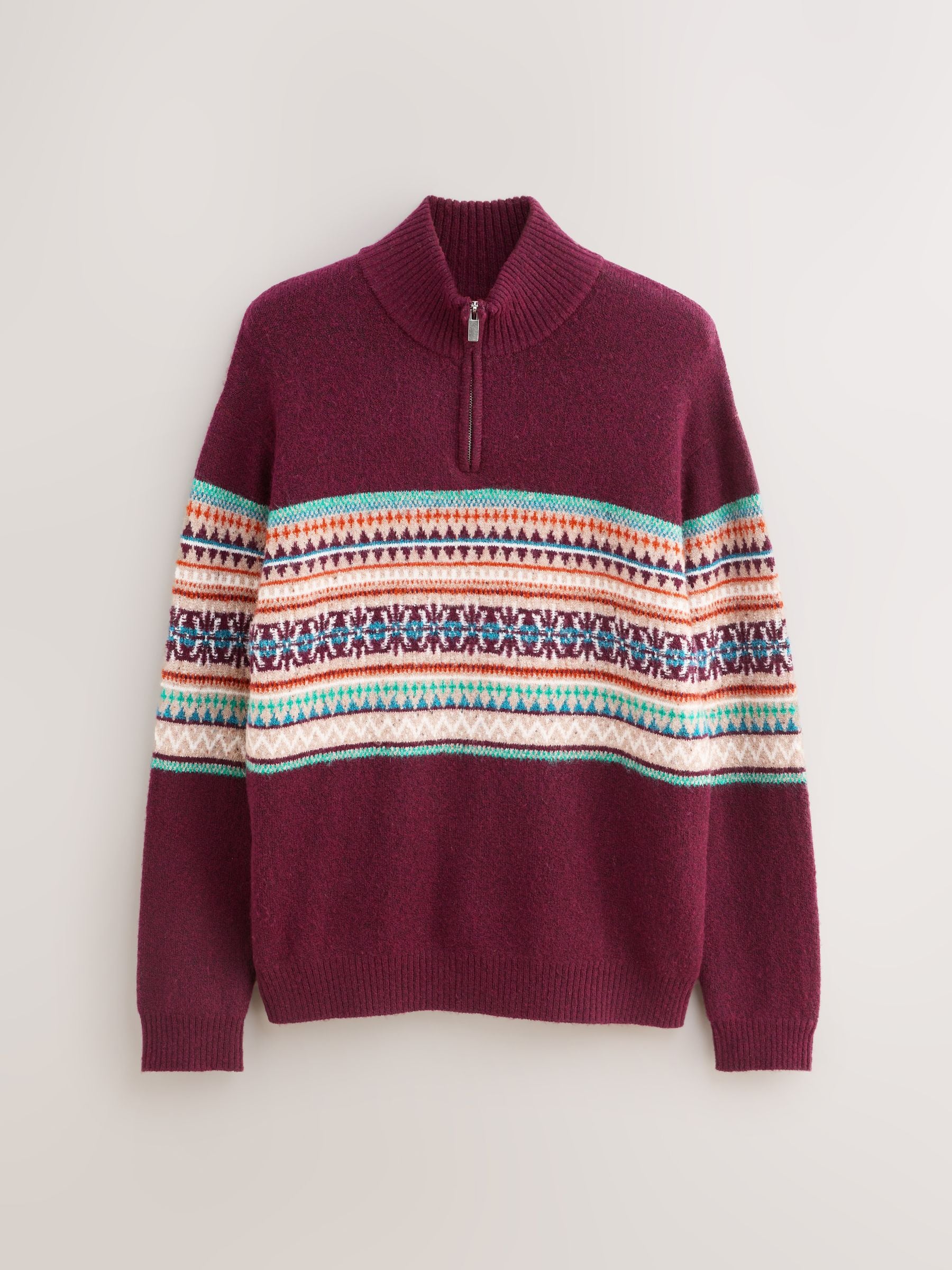 Buy Burgundy Red Regular Fit Fairisle Pattern Chest Block Zip Neck