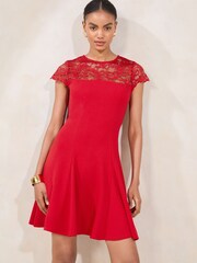 Lipsy Red Lace Mix Mini Skater Dress - Image 1 of 5