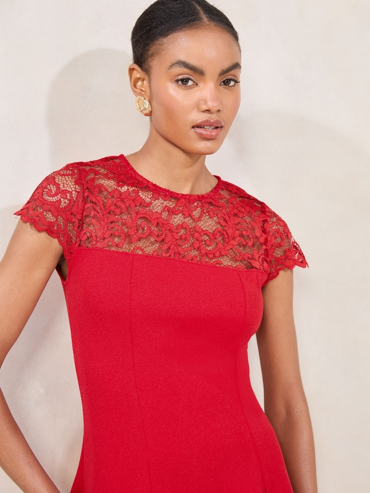 Lipsy Red Lace Mix Mini Skater Dress - Image 2 of 5
