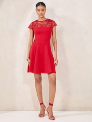 Lipsy Red Lace Mix Mini Skater Dress - Image 3 of 5