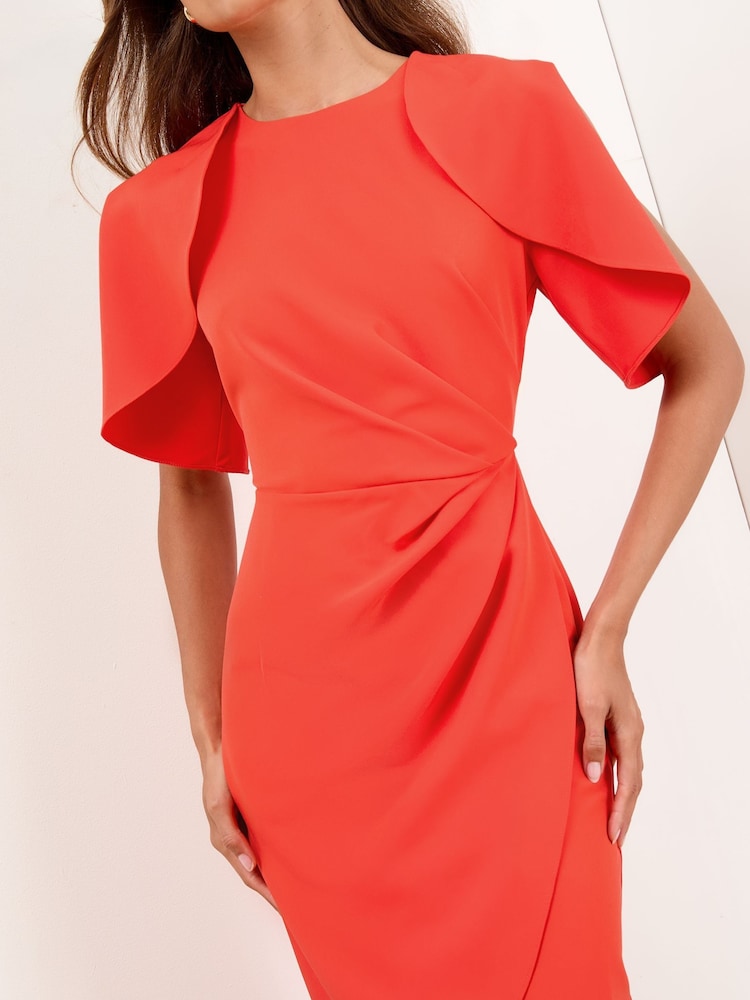 Lipsy Red Cape Sleeve Gathered Side Midi Bodycon Dress - Image 2 of 4