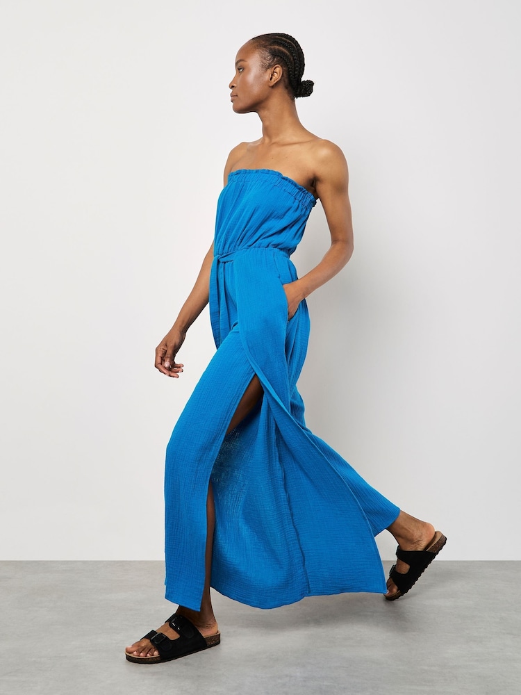 Apricot Blue Bandeau Wrap Leg Tetra 100% Cotton Jumpsuit - Image 2 of 5