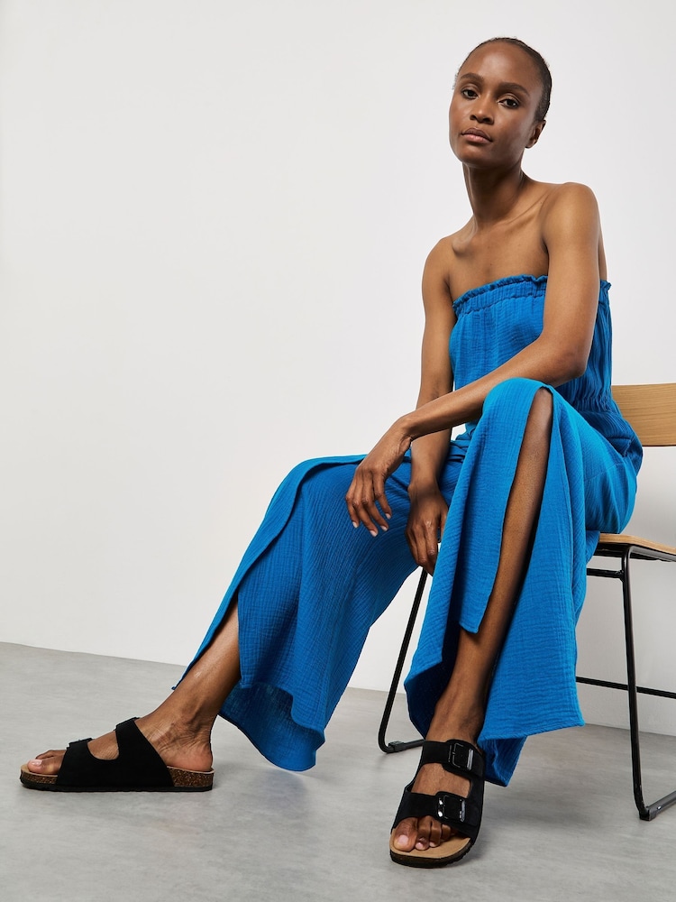 Apricot Blue Bandeau Wrap Leg Tetra 100% Cotton Jumpsuit - Image 5 of 5