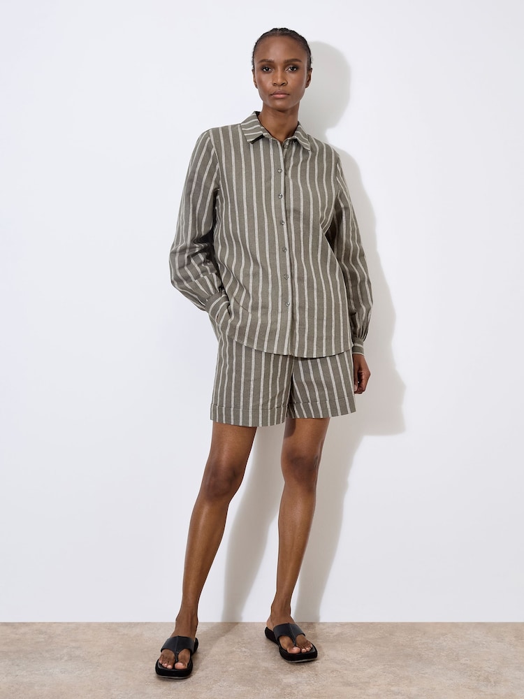 Apricot Grey Striped Cotton Linen Mix Shirt - Image 1 of 5