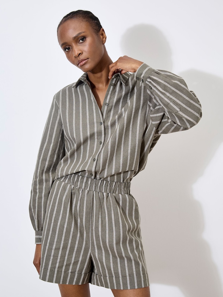Apricot Grey Striped Cotton Linen Mix Shirt - Image 5 of 5