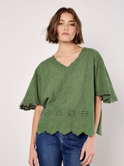 Apricot Green Embroidered 100% Cotton V-Neck Top - Image 1 of 4
