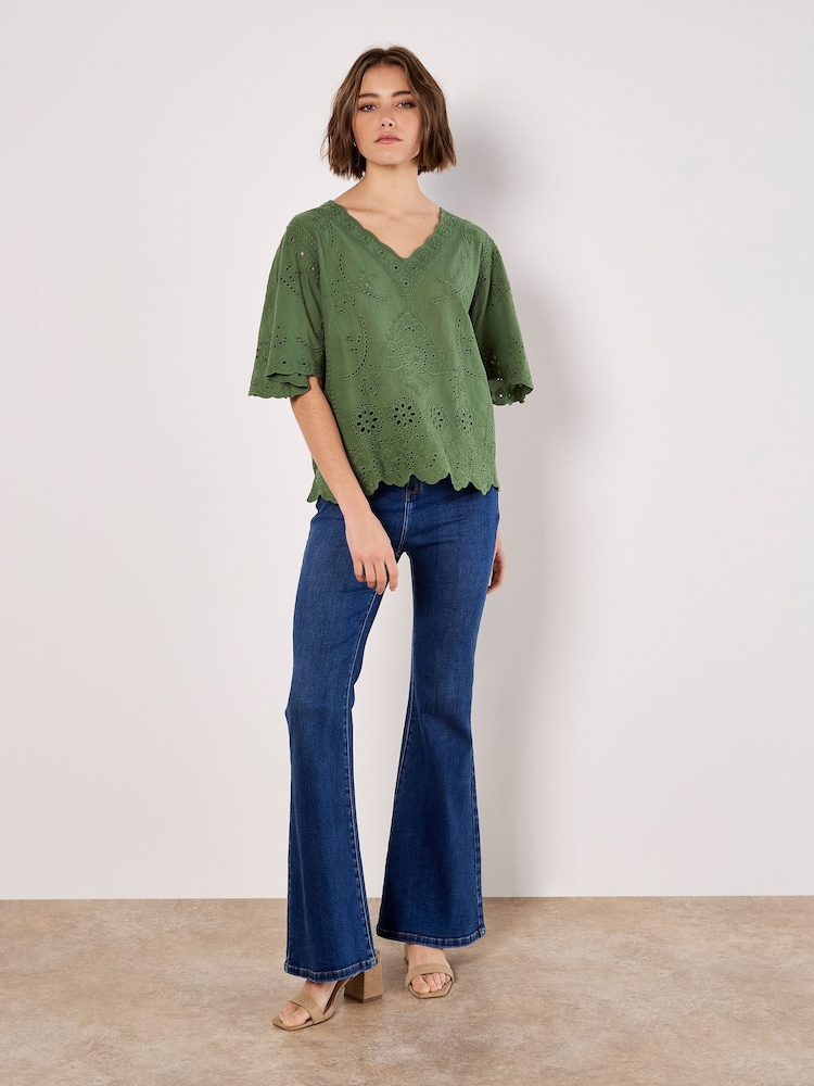 Apricot Green Embroidered 100% Cotton V-Neck Top - Image 2 of 4