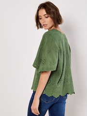 Apricot Green Embroidered 100% Cotton V-Neck Top - Image 3 of 4