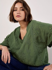 Apricot Green Embroidered 100% Cotton V-Neck Top - Image 4 of 4
