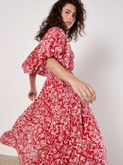 Apricot Red Mono Roses Volume Tiered Dress - Image 1 of 4
