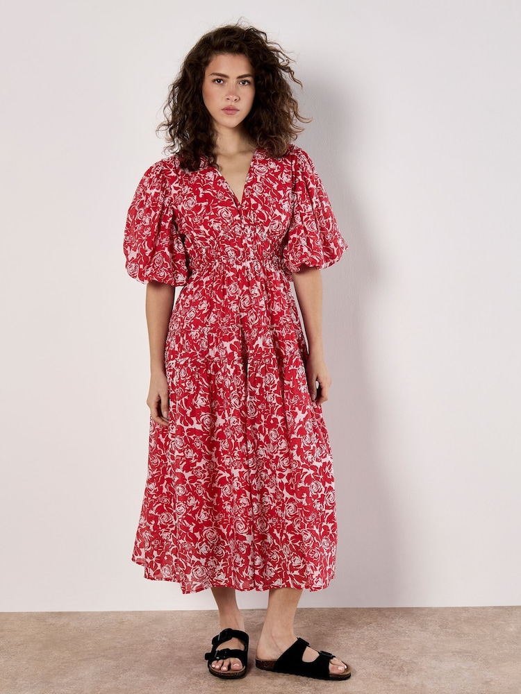 Apricot Red Mono Roses Volume Tiered Dress - Image 2 of 4