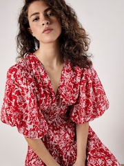 Apricot Red Mono Roses Volume Tiered Dress - Image 3 of 4