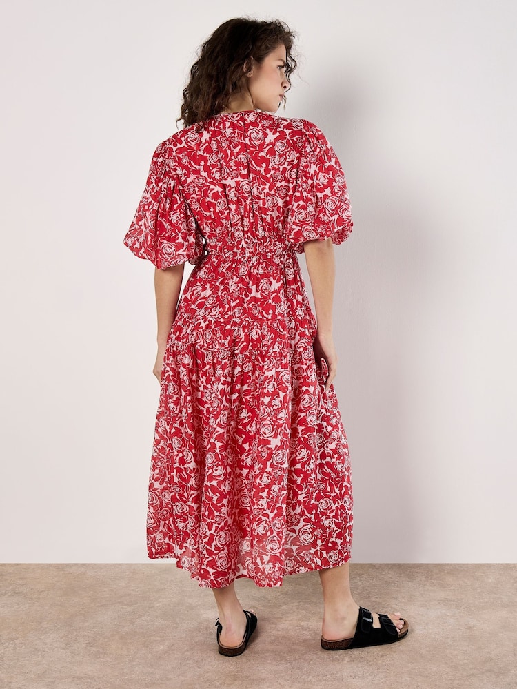 Apricot Red Mono Roses Volume Tiered Dress - Image 4 of 4