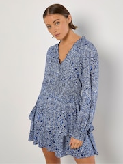 Apricot Blue Batik Folk Print Smock Mini Dress - Image 1 of 5