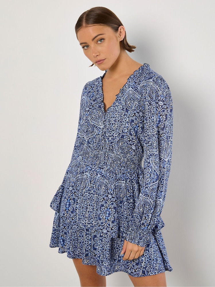 Apricot Blue Batik Folk Print Smock Mini Dress - Image 1 of 5
