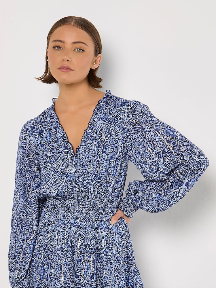 Apricot Blue Batik Folk Print Smock Mini Dress - Image 3 of 5