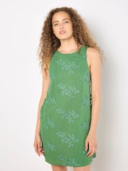Apricot Green Floral Embroidered Dress with a Touch of Linen - Image 1 of 4