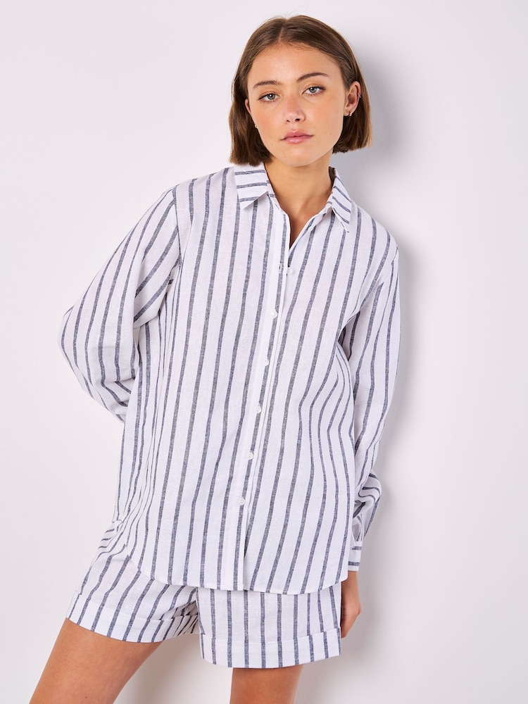 Apricot Blue Striped Cotton Linen Mix Shirt - Image 2 of 5