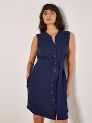 Apricot Blue Tetra Open Neck Button Thru 100% Cotton Shirt Dress - Image 2 of 4