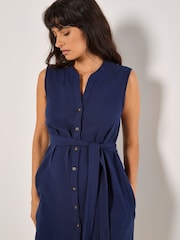 Apricot Blue Tetra Open Neck Button Thru 100% Cotton Shirt Dress - Image 3 of 4