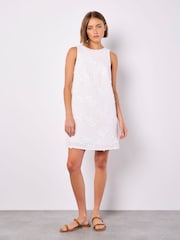 Apricot White Floral Embroidered Dress with a Touch of Linen - Image 1 of 5