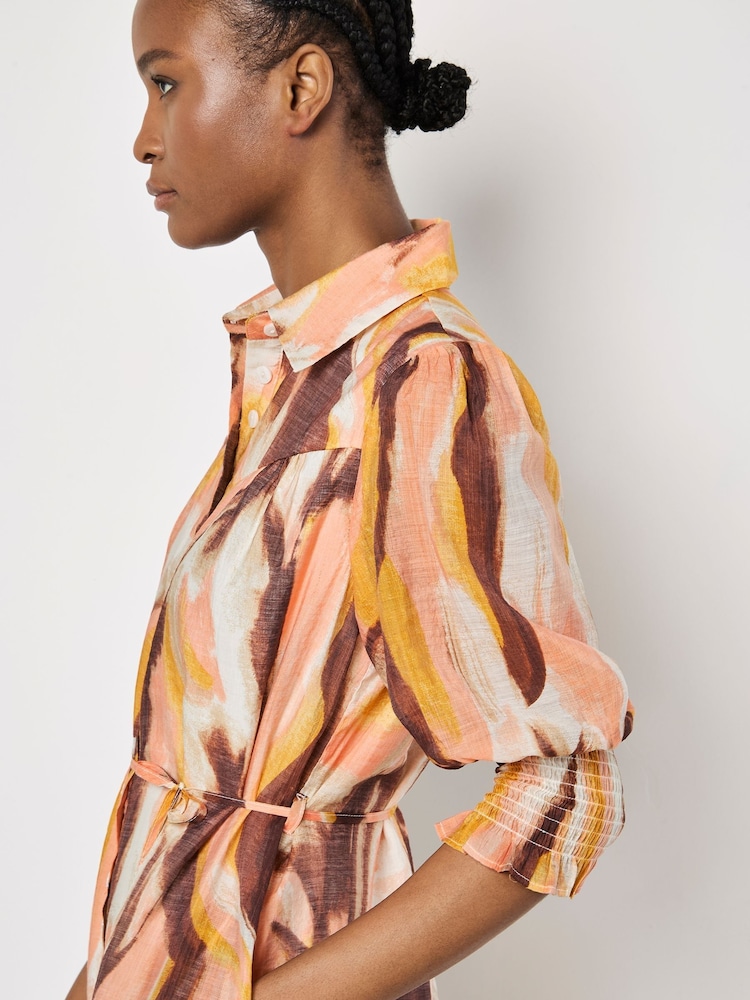 Apricot Brown Painterly Swirls Shirt Dress - Image 2 of 4
