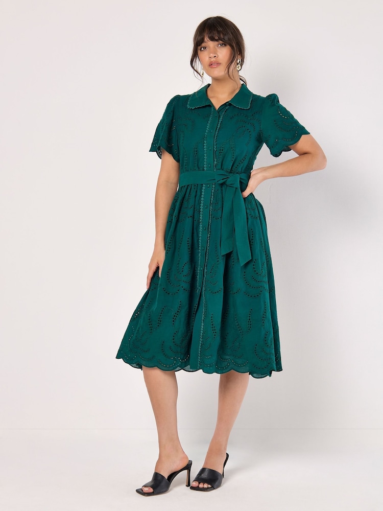 Apricot Green Broderie Anglaise Angel Sleeve Shirt Midi Dress - Image 1 of 4