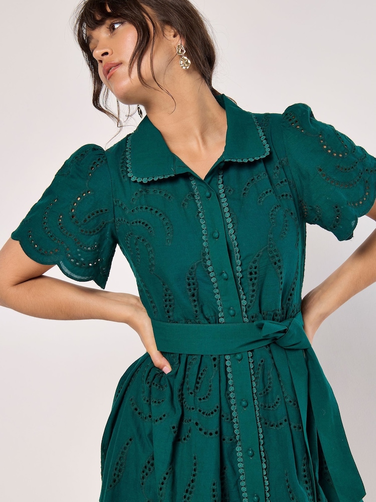 Apricot Green Broderie Anglaise Angel Sleeve Shirt Midi Dress - Image 2 of 4