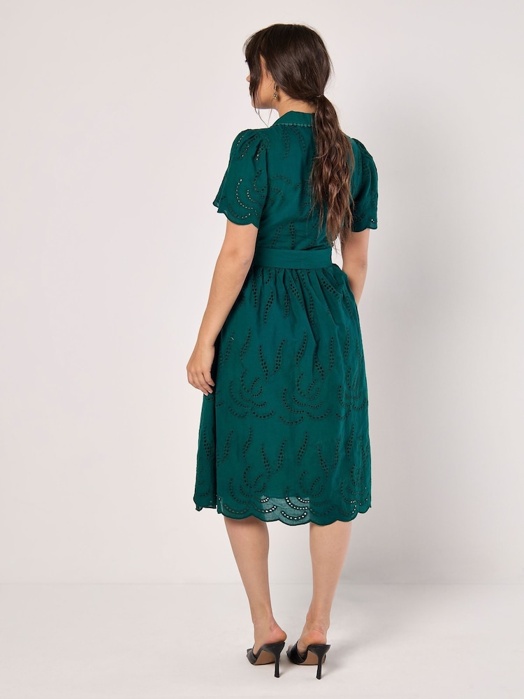 Apricot Green Broderie Anglaise Angel Sleeve Shirt Midi Dress - Image 4 of 4