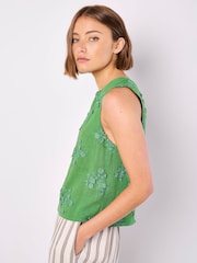 Apricot Green Floral Print Embroidered Vest With a Touch of Linen - Image 1 of 4