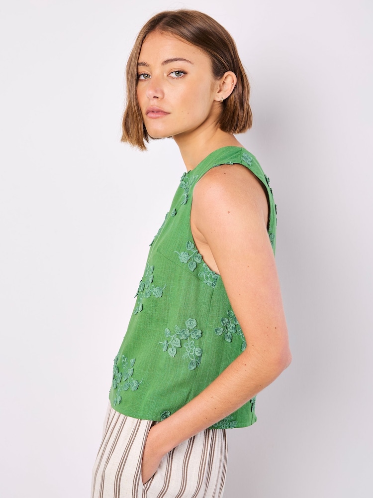Apricot Green Floral Print Embroidered Vest With a Touch of Linen - Image 1 of 4
