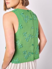Apricot Green Floral Print Embroidered Vest With a Touch of Linen - Image 4 of 4