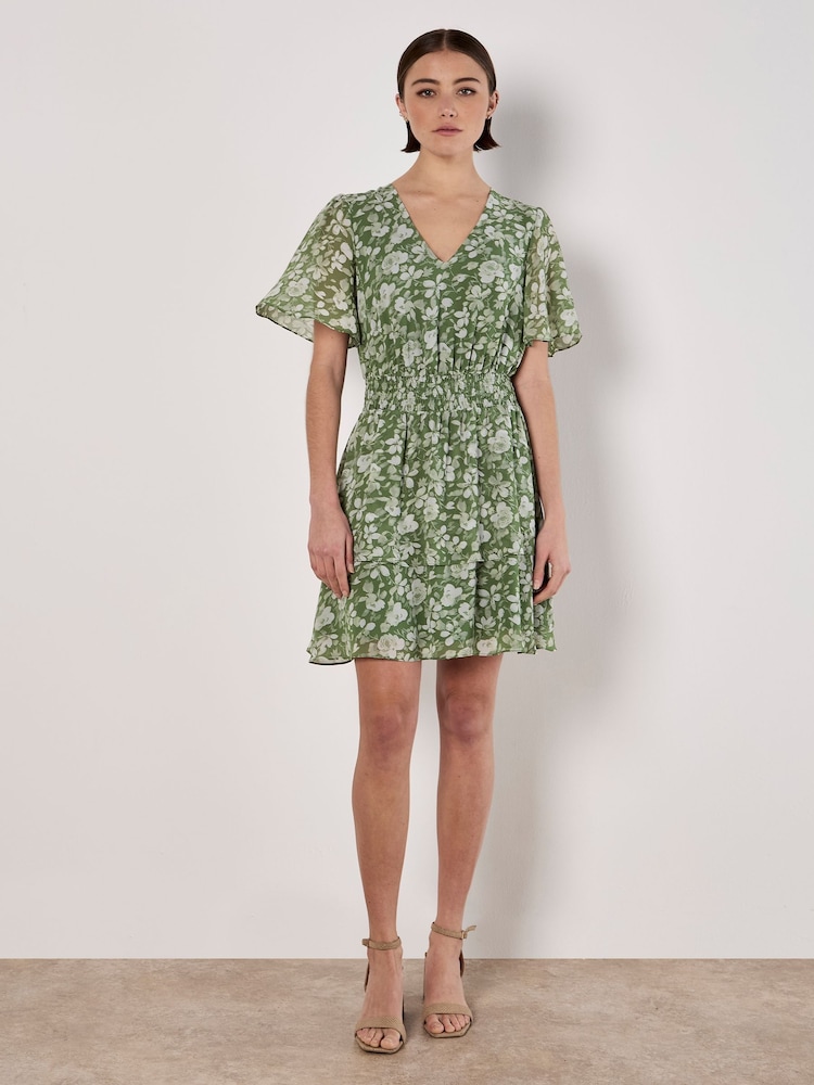 Apricot Green Watercolour Rose Layered Mini Dress - Image 2 of 4