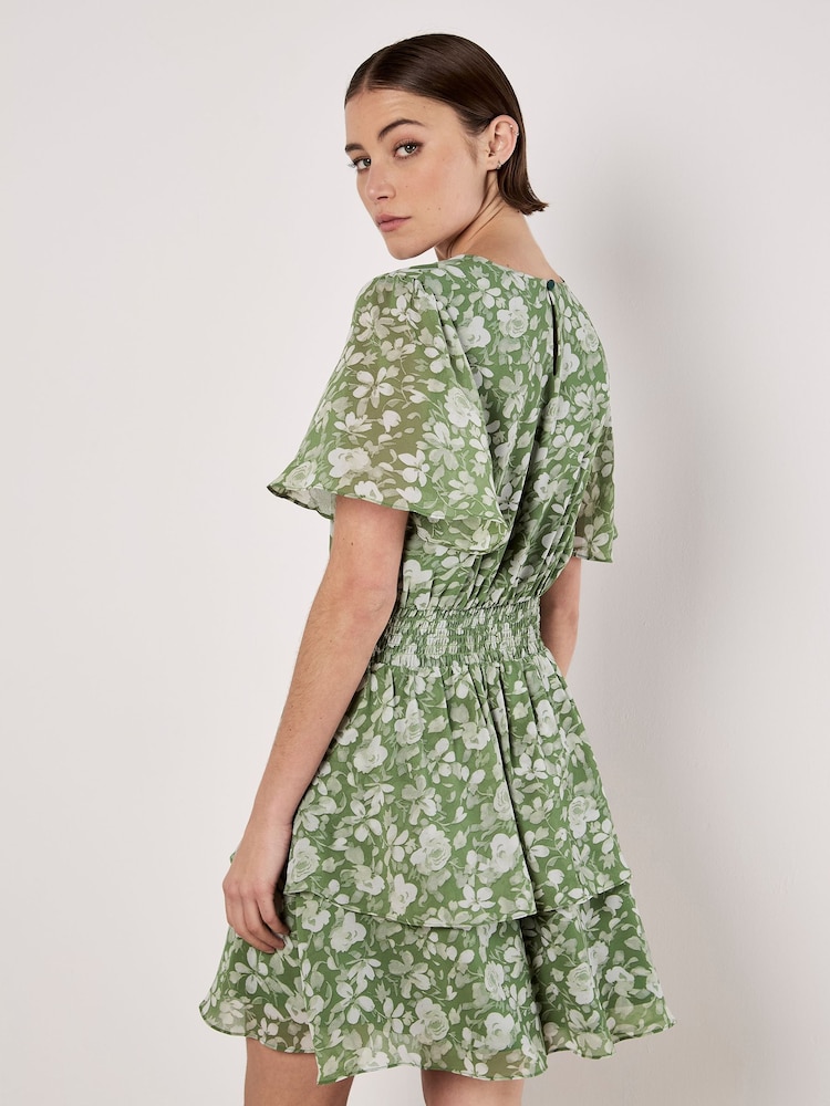 Apricot Green Watercolour Rose Layered Mini Dress - Image 4 of 4