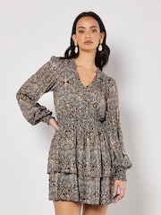 Apricot Black Batik Folk Print Smock Mini Dress - Image 1 of 4