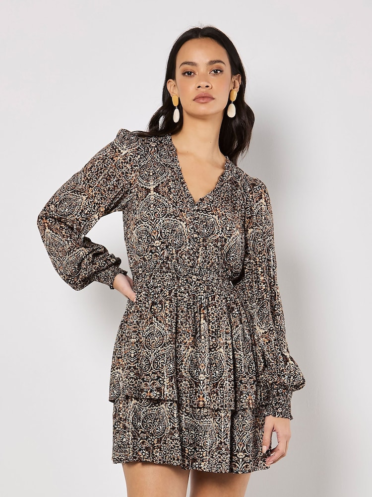 Apricot Black Batik Folk Print Smock Mini Dress - Image 1 of 4
