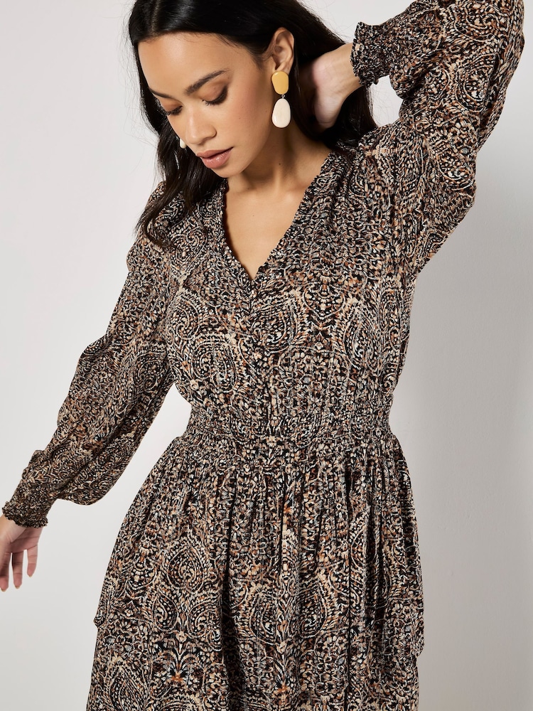 Apricot Black Batik Folk Print Smock Mini Dress - Image 3 of 4