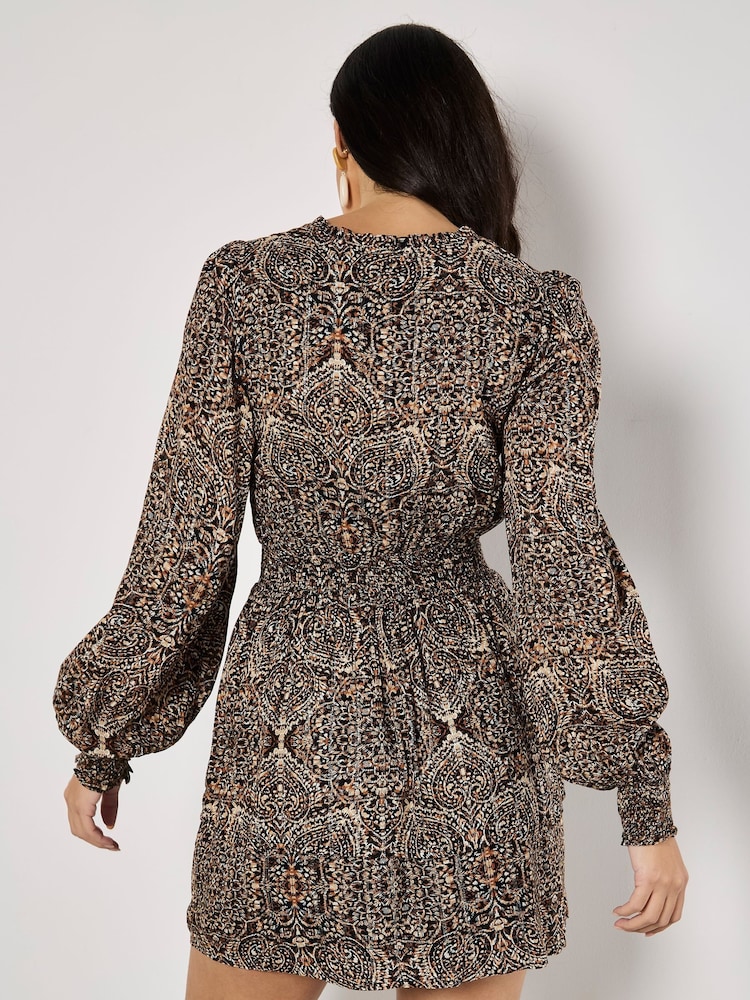 Apricot Black Batik Folk Print Smock Mini Dress - Image 4 of 4