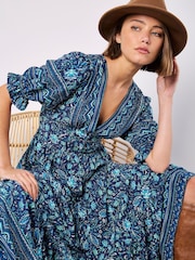 Apricot Blue Sarasa Border Button Dress - Image 1 of 5