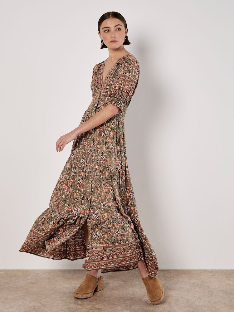 Apricot Green Sarasa Border Button Dress - Image 1 of 5