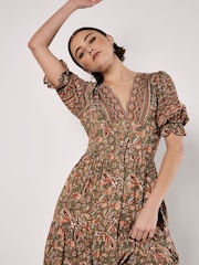 Apricot Green Sarasa Border Button Dress - Image 3 of 5