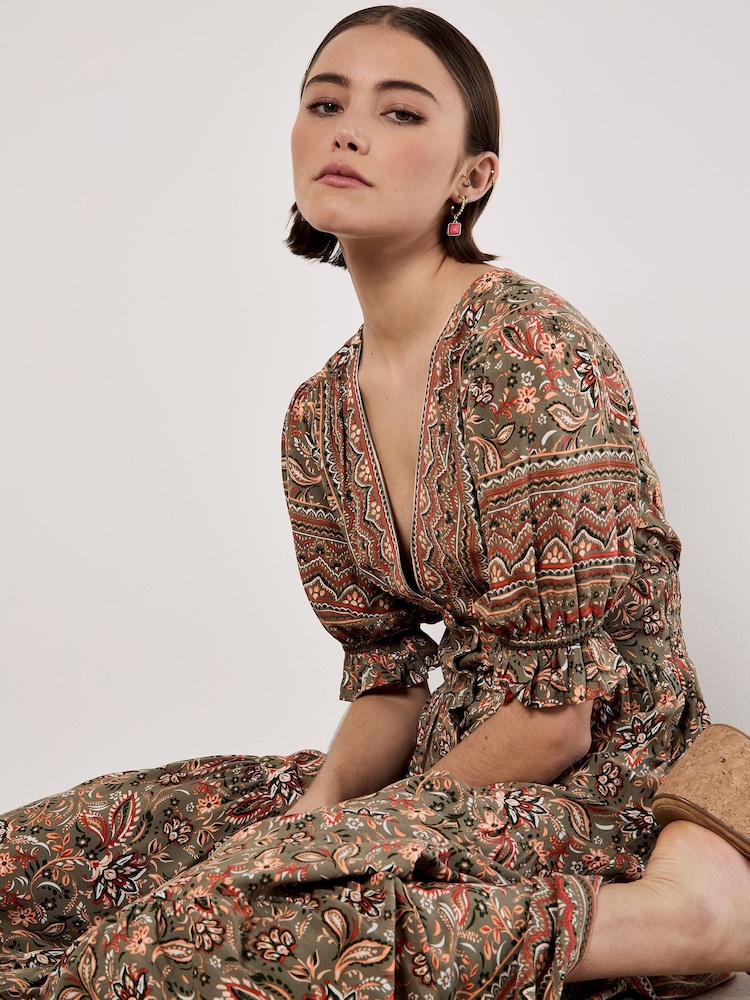 Apricot Green Sarasa Border Button Dress - Image 5 of 5