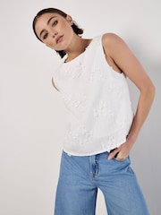 Apricot White Floral Print Embroidered Vest With a Touch of Linen - Image 1 of 4