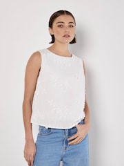 Apricot White Floral Print Embroidered Vest With a Touch of Linen - Image 4 of 4