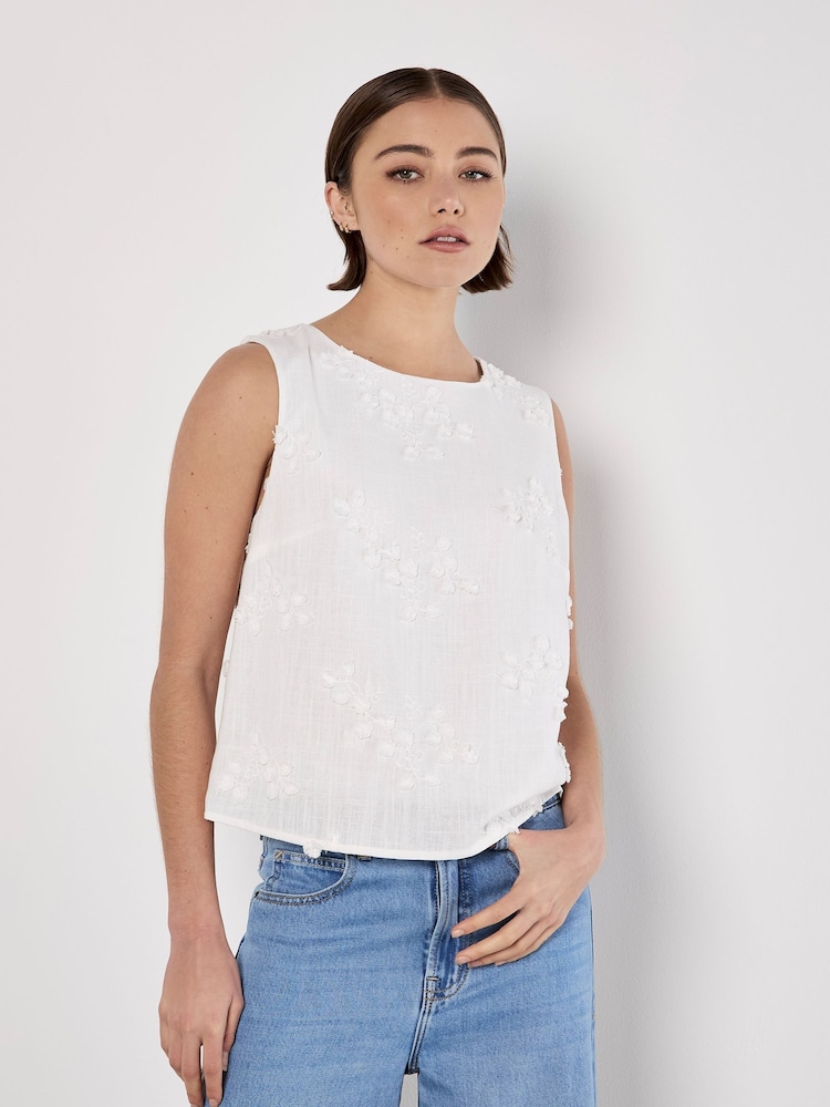 Apricot White Floral Print Embroidered Vest With a Touch of Linen - Image 4 of 4