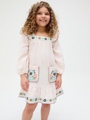 Raffya Cream Lisa Square Neck Placement Print 100% Cotton Dress - Image 1 of 5
