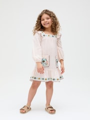 Raffya Cream Lisa Square Neck Placement Print 100% Cotton Dress - Image 3 of 5