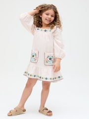 Raffya Cream Lisa Square Neck Placement Print 100% Cotton Dress - Image 5 of 5